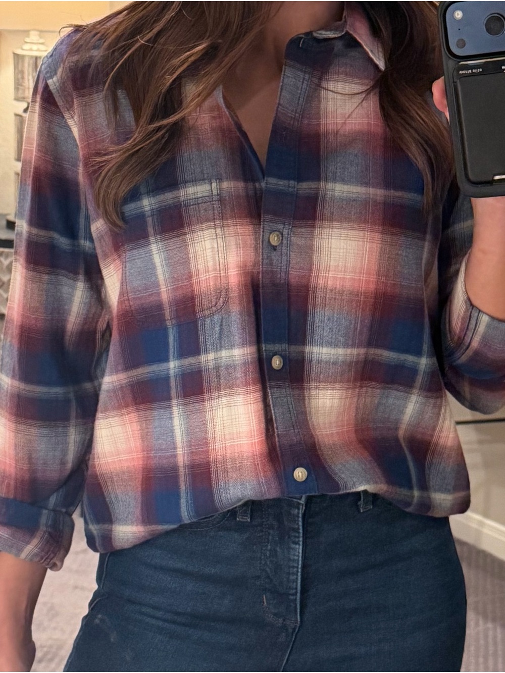 American Eagle Outfitters Plaid Button-Down Flannel Shirt - Blue & Burgundy